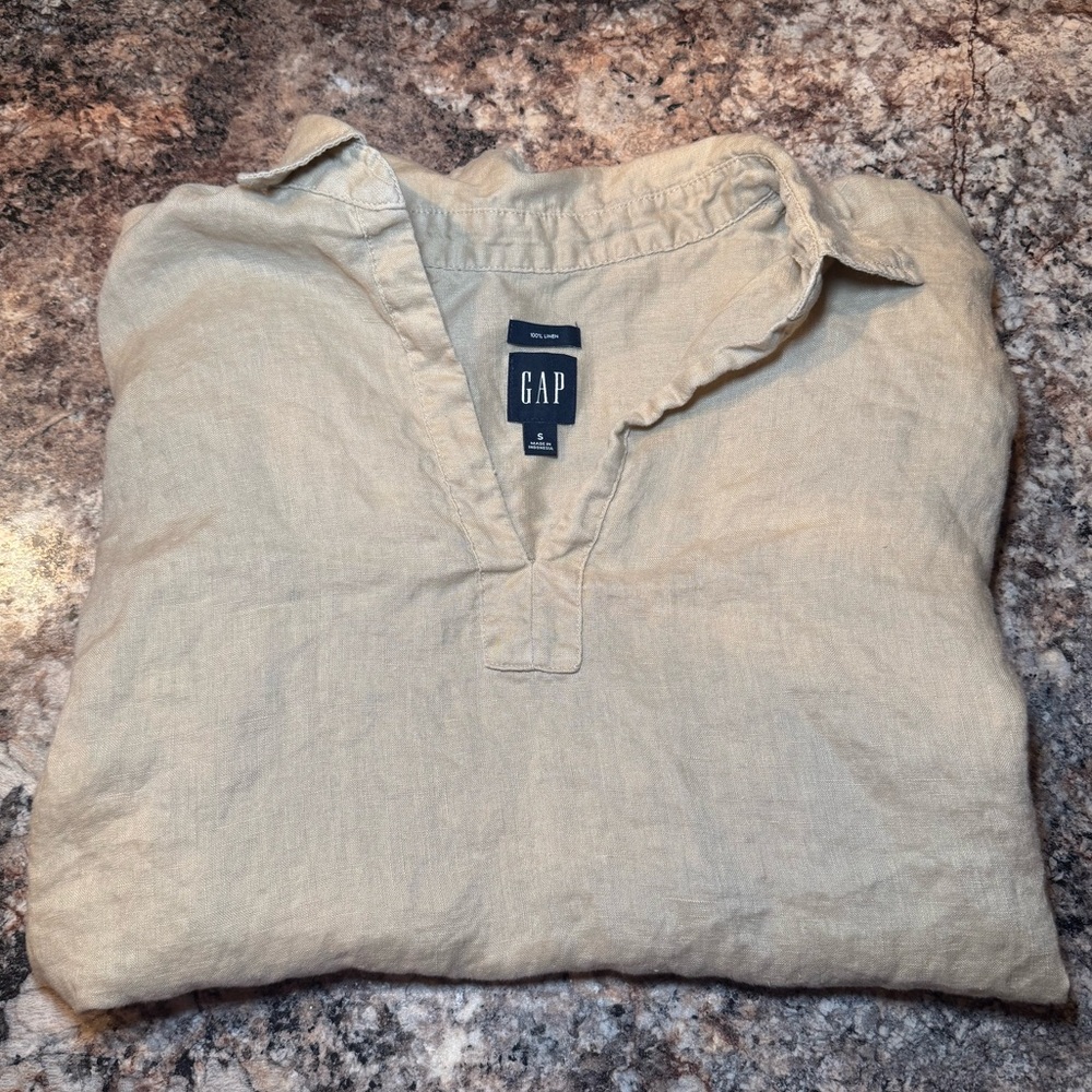 GAP Neutral Beige Linen V-Neck Collar Short Sleeve Top - Picture 7 of 7